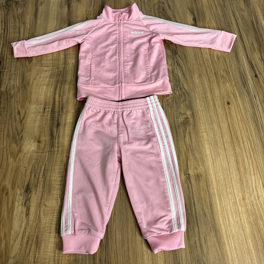 Adidas Girls Baby 9 Months Pink Track Suit Jacket Pants Active Sports Stripes